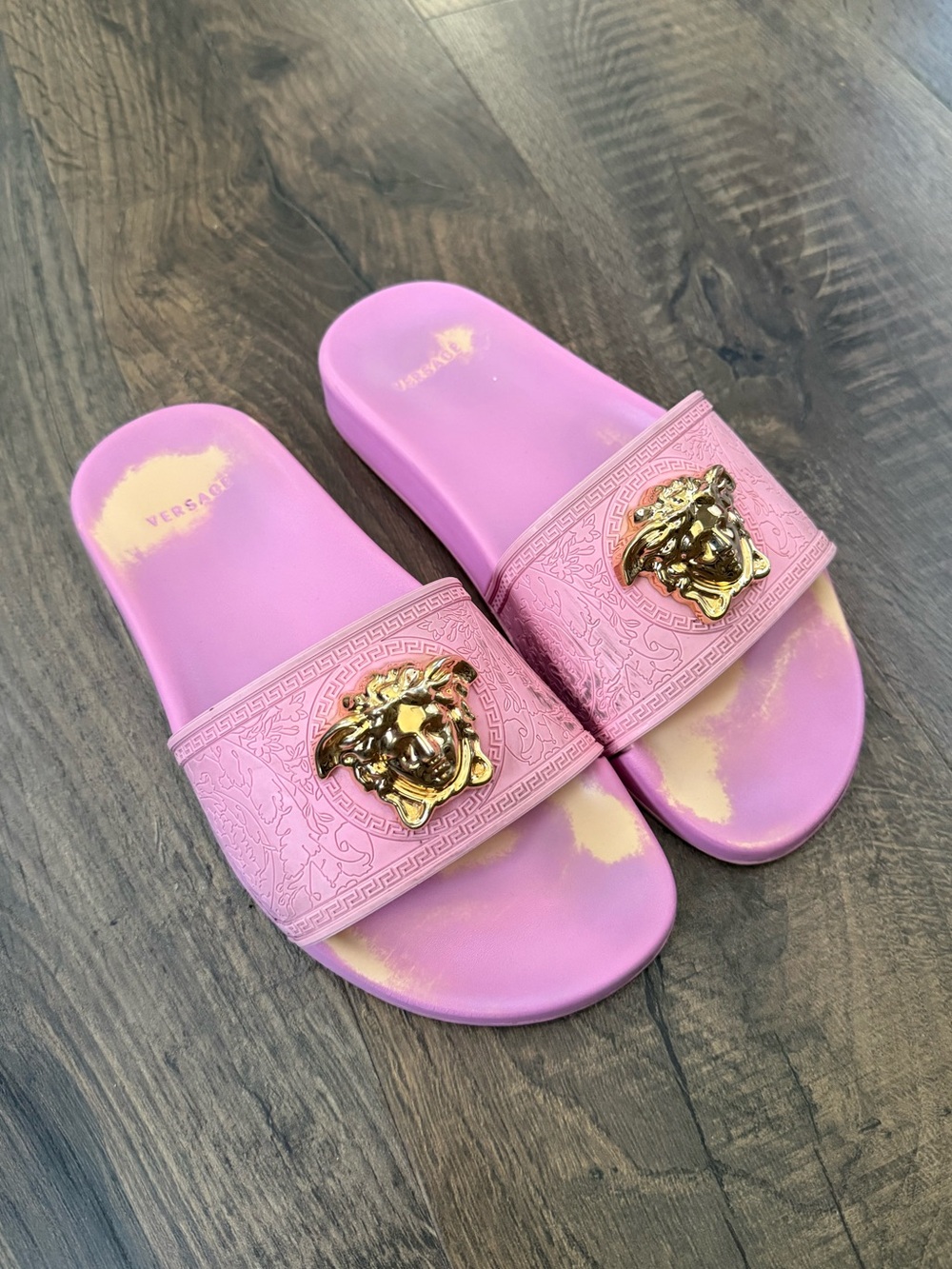 Versace Pink Slide Sandals with Gold Medusa Accent